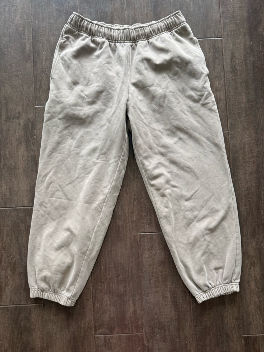 Athleta Forever Fleece High Rise Jogger Sweatpants w Pockets Khaki Drawstring M